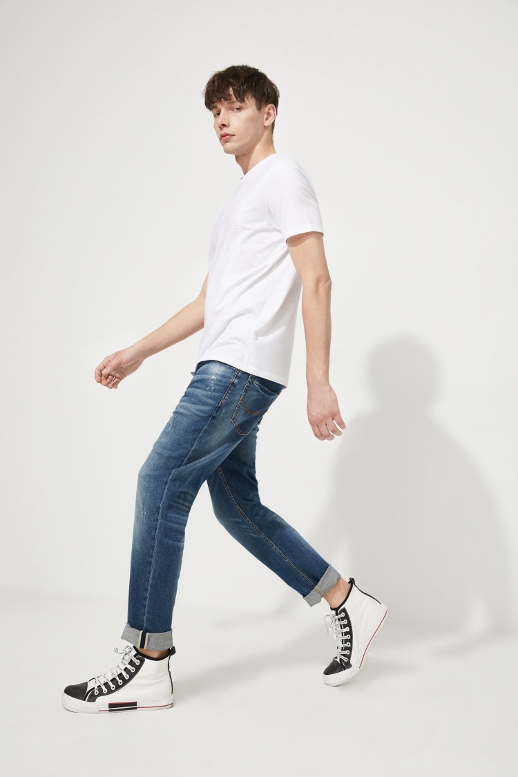 jackjones杰克琼斯夏男士潮街头百搭锥腿棉弹破洞牛仔裤220332525 c43