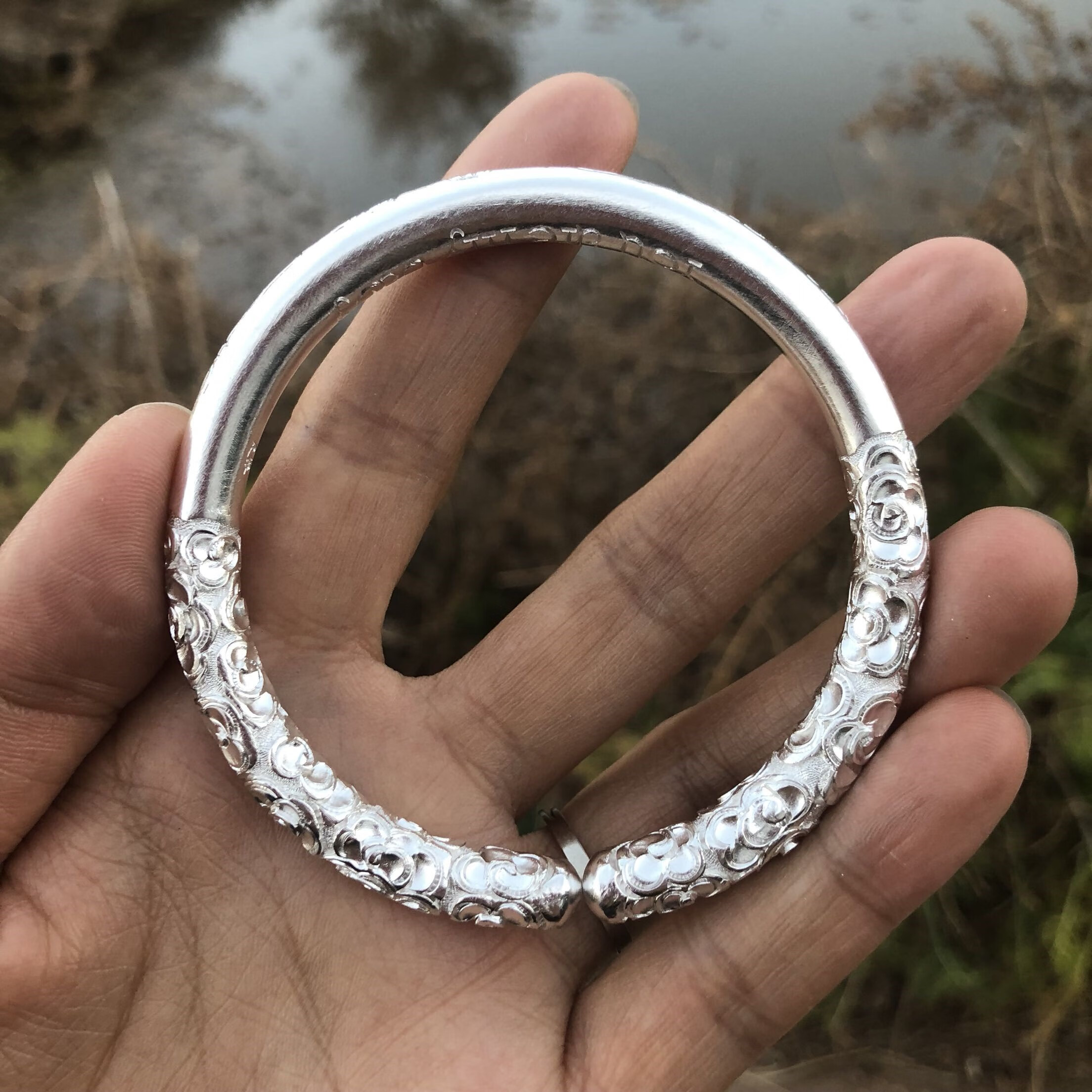 欣艾熙 精致如意金箍棒手镯祥云999足银雪花银实心纯手工定海神针