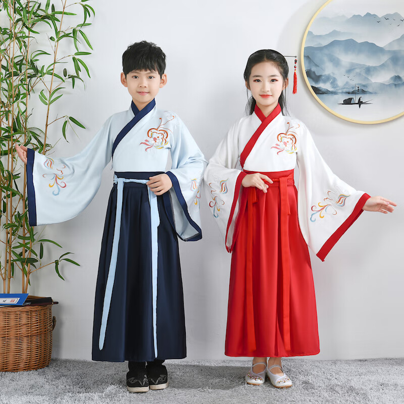 儿童古装汉服男童男孩唐朝宋朝古代诗人古诗朗诵表演出服装白色韩色