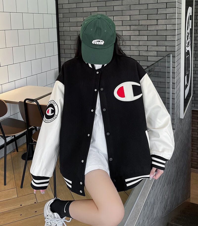 champion 日版冠军棒球服女字母植绒刺绣外套新款情侣pu皮拼色夹克