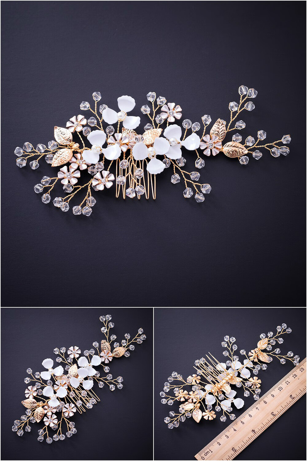 手工珠花发梳头饰结婚饰品新娘舞台宴会发饰金色叶子串珠头花款式1