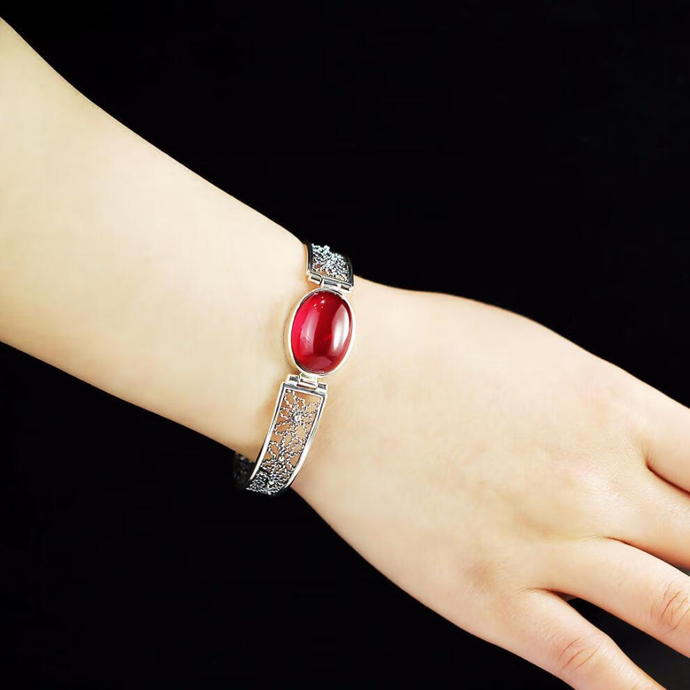 祥美瑞 s925银饰品泰银创意设计手工镂空女士红刚玉手镯 红刚玉手镯