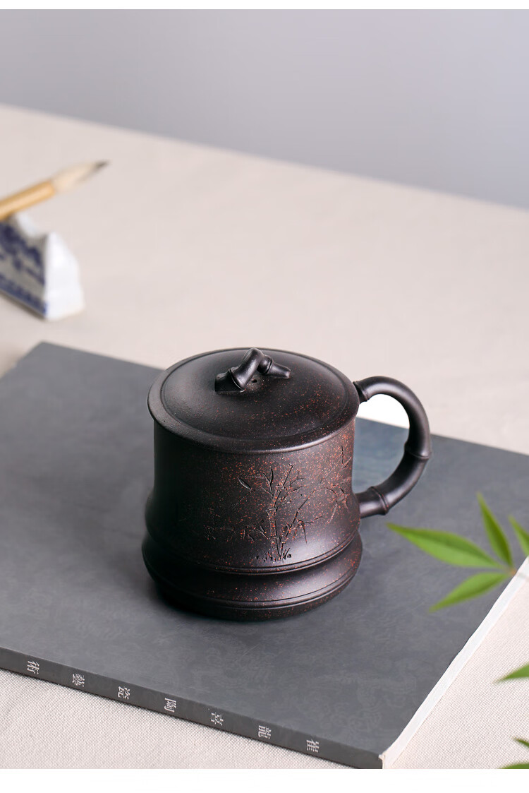 宜兴原矿紫砂纯全手工水杯茶杯盖杯 黑金砂竹节