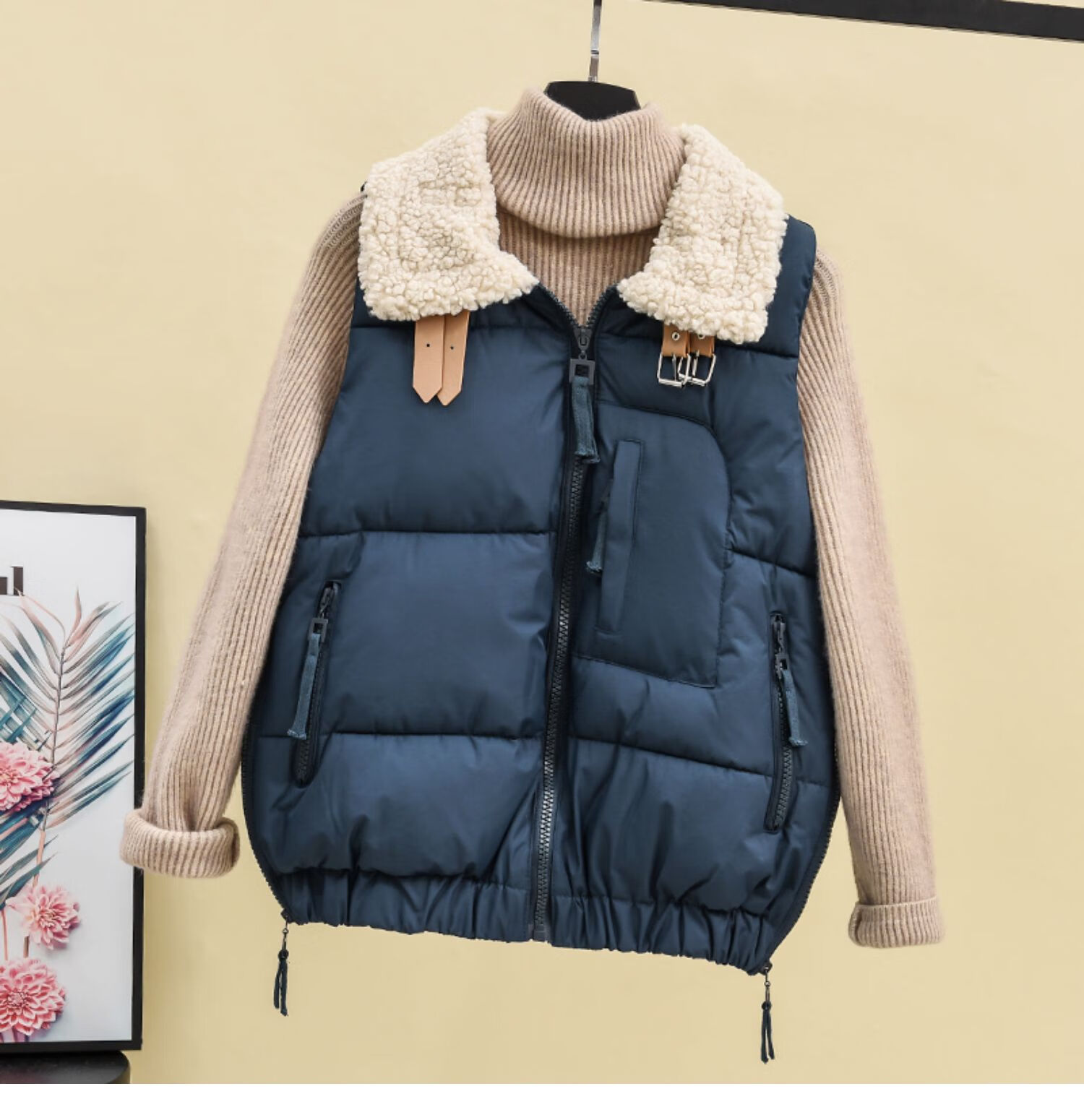 雅鹿羊羔毛拼接棉马甲女2021年秋冬新款韩版背心马夹宽松坎肩外套
