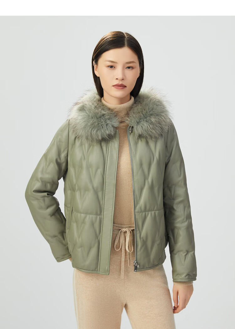 哥弟女装新款貉子毛领压纹绵羊皮羽绒服女外套a400630 黑 l(4码)