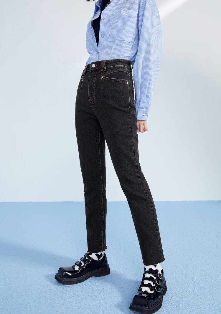 【新品】乐町牛仔裤女2021春季新款高腰铅笔裤修身长裤烟管小脚裤 浅