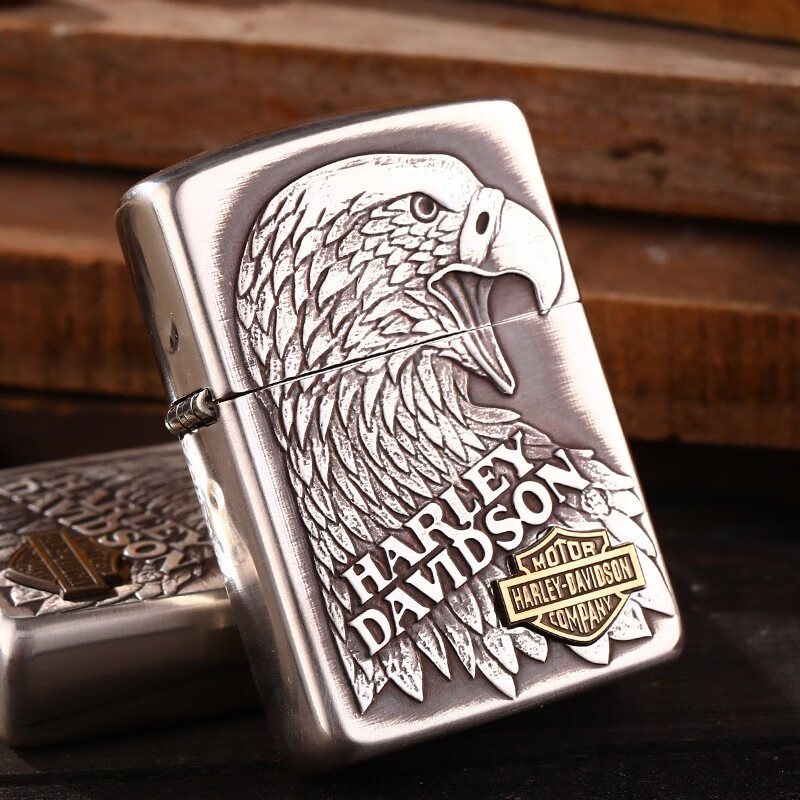 之宝zippo打火机防风正版 盔甲加厚纯银哈雷鹰 精雕贴章哈雷标志老鹰