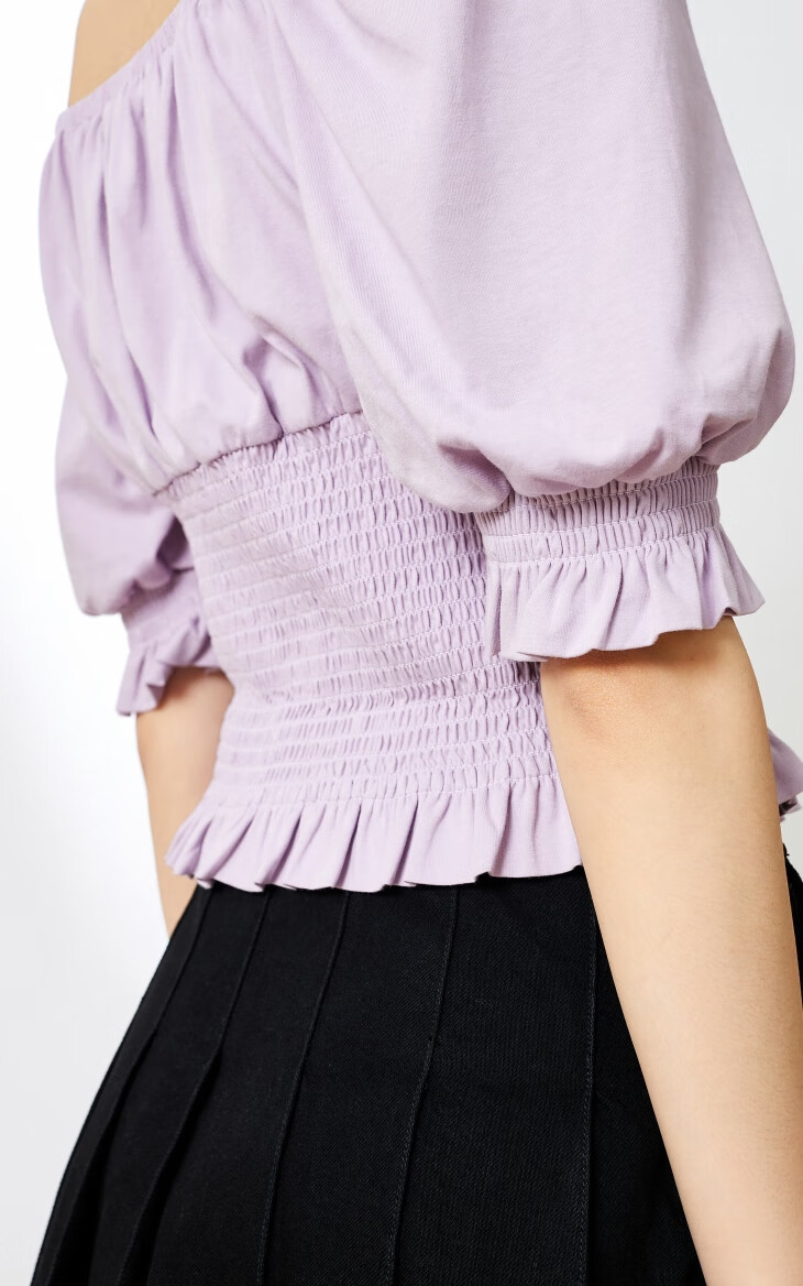 only夏季新款舒适荷叶边灯笼袖方领短袖t恤女120301079 c37 花瓣紫