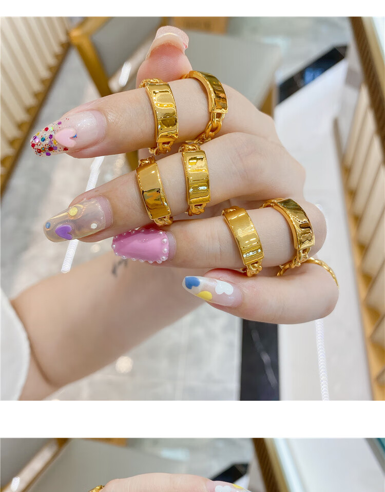 3d硬金999足金无氰镜面高亮面ins风链条时尚简约黄金戒指传承 18号2