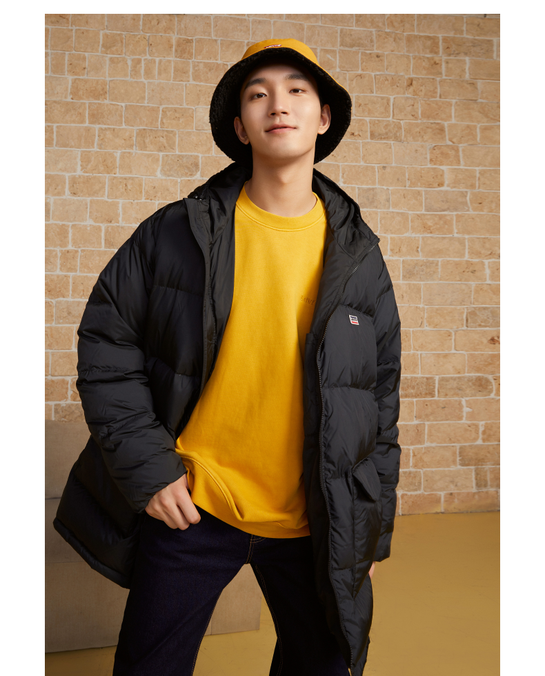 levis李维斯男士黑色中长款宽松日常休闲连帽羽绒服外套a09490000黑色