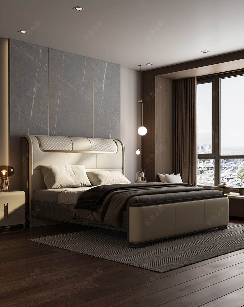 欧雅金殿轻奢风真皮床主卧高端设计师双人床定制现代简约别墅婚床15米