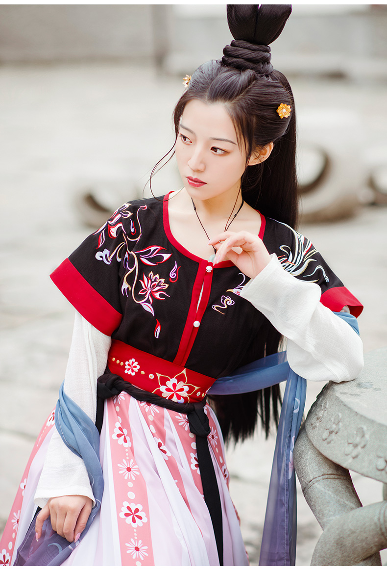 如梦霓裳汉服女夏装 坦领半臂襦裙枝间月交嵛裙窄袖莲花绣花夏季 黑色