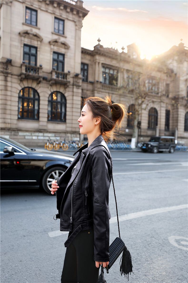 陆希2021韩版时尚新款立领纯色机车皮衣外套女修身显瘦短款皮夹克潮