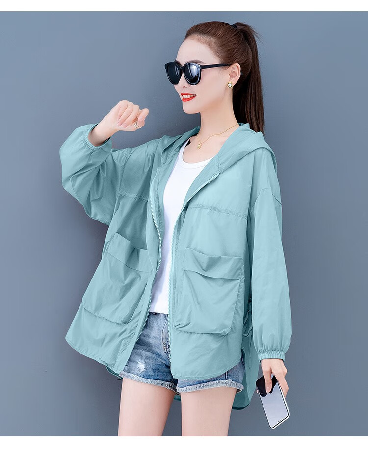 蕾洛琦 清新少女学生防晒衣女2021夏冰丝防晒衫短款小个子洋气带帽