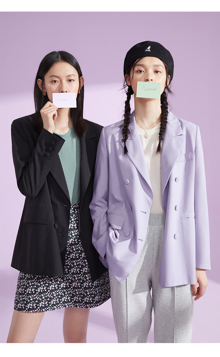太平鸟紫色小西装外套2021春夏装新款黑色薄款长袖垂感休闲西服 浅紫