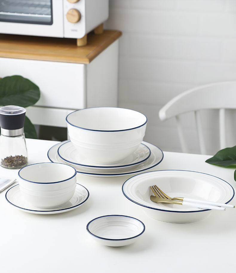 简约创意蓝边线条纯白陶瓷餐具大号菜汤面盘子吃饭小碗碟勺子家用 6