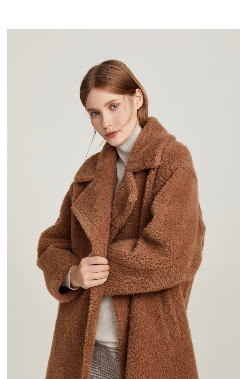 朗姿明星同款颗粒绒羊毛外套女2020新款茧型中长款皮草大衣年轻款 本