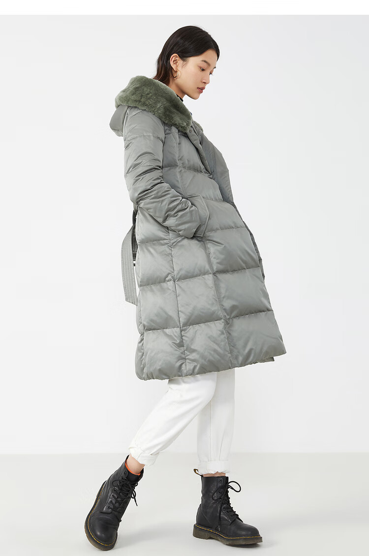 yiner音儿女装2020冬季新款时尚通勤简约拉链中长款羽绒服 绿色 36