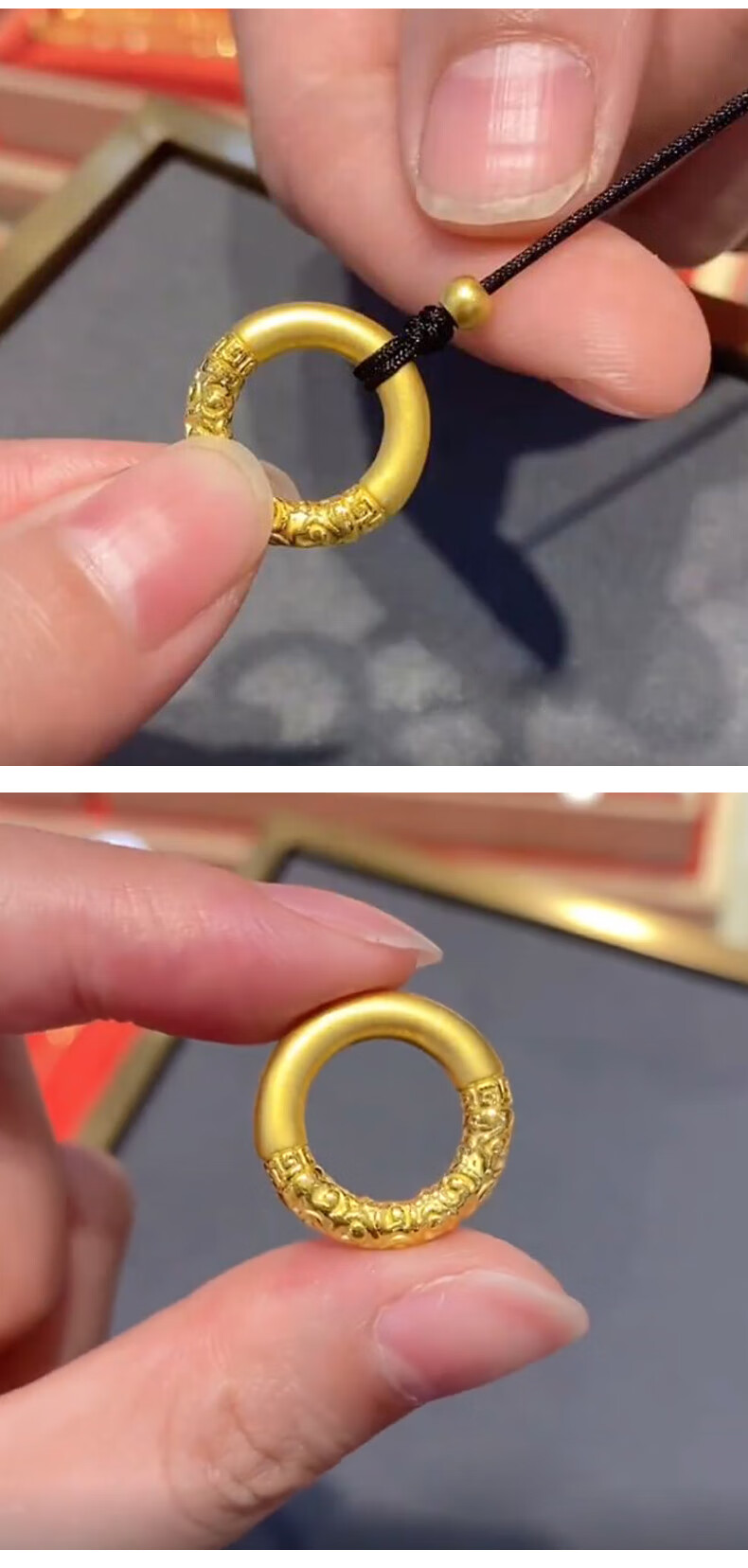 999足金如意金箍圈黄金吊坠编织项链女 硬金平安扣金箍棒抖音同款 大