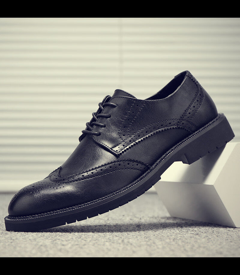 宾牧鸟商务皮鞋简约休闲鞋系带厚底英伦低帮男士正装皮鞋加肥加码黑色