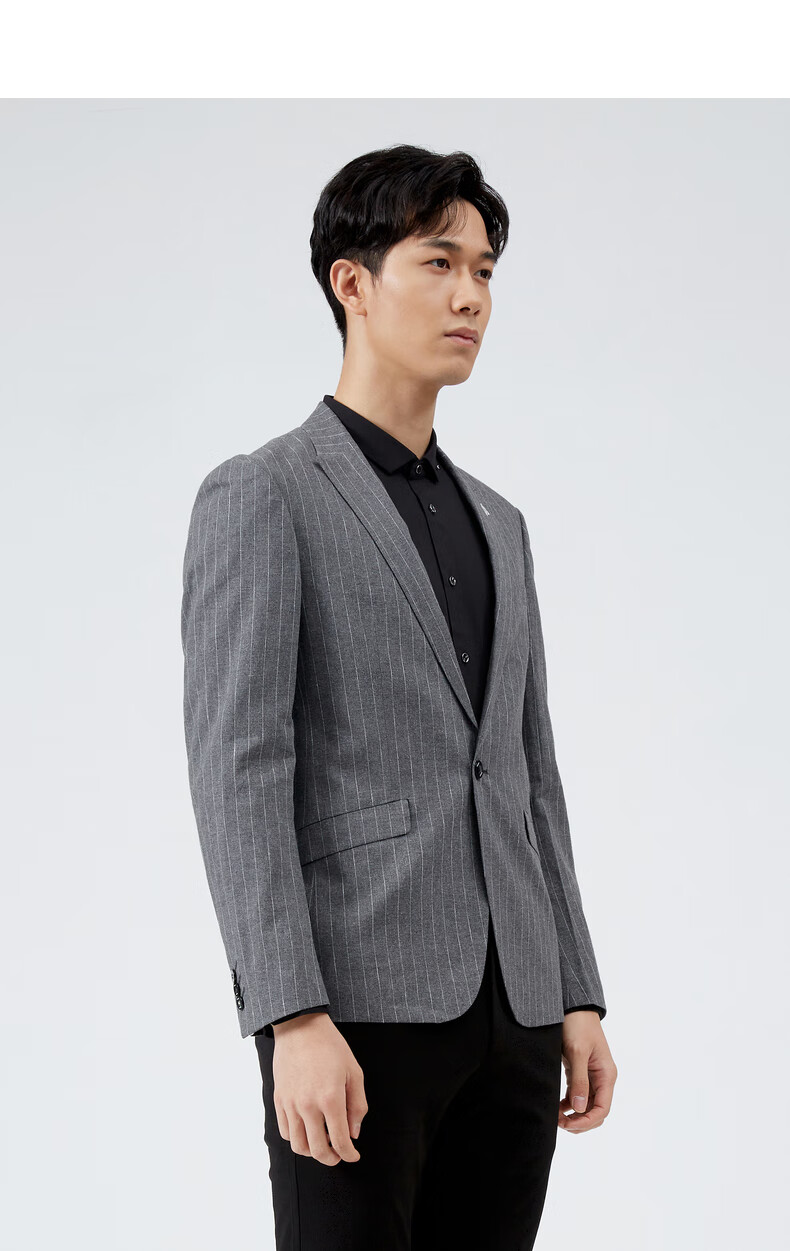 利郎休闲西服男2021春季新品刺绣戗驳领竖条纹一粒扣西装外套 黑色混