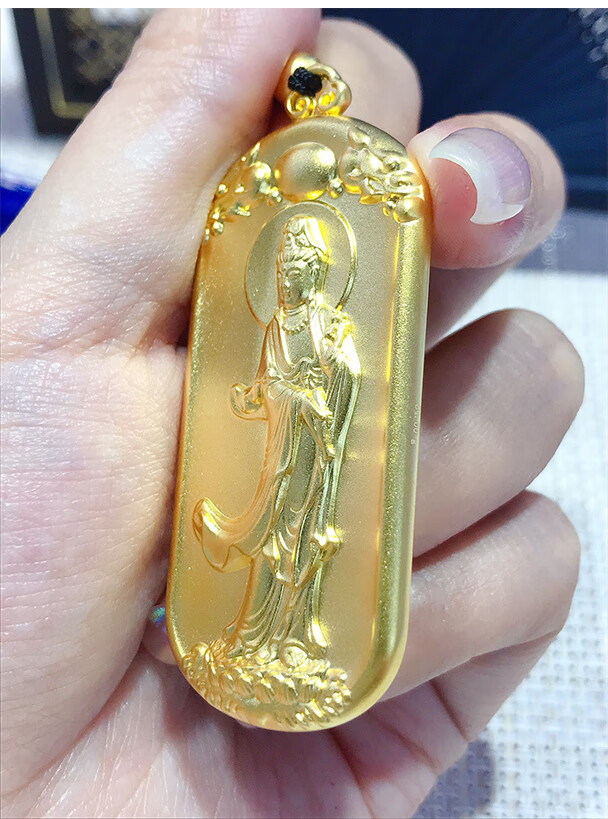 妙灵阁南无观世音菩萨吊坠古法金佛像实心黄金坠子挂绳男士高档黑绳