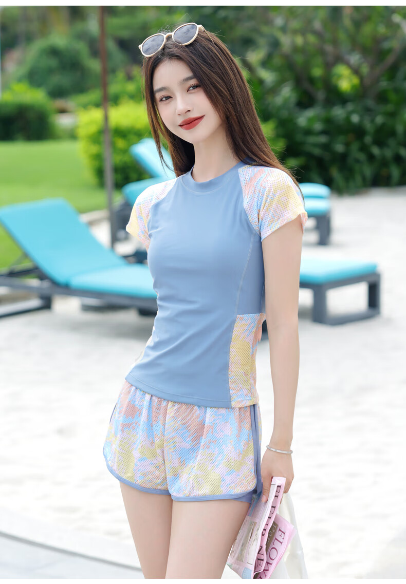 羽克(yuke)泳衣女泡温泉遮肚显瘦新款泳装时尚保守大码短袖分体游泳衣