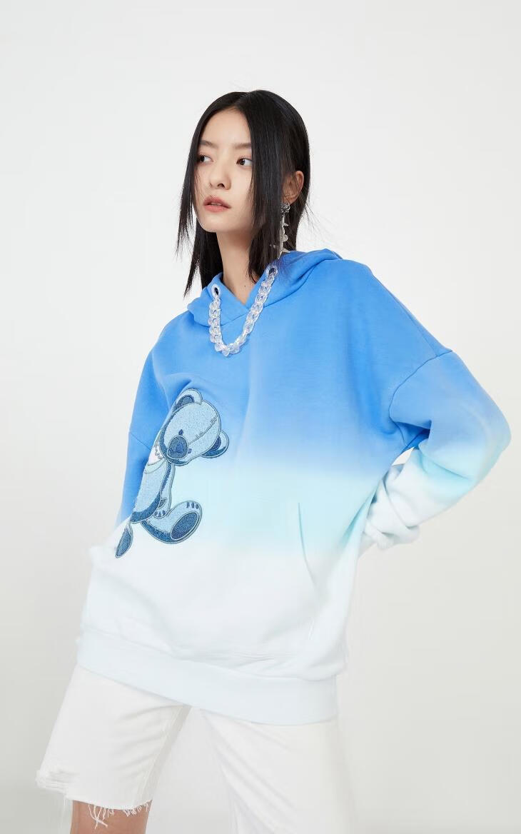 女装 卫衣 only only2021春季新款扎染渐变工艺小熊图案印花连帽卫衣