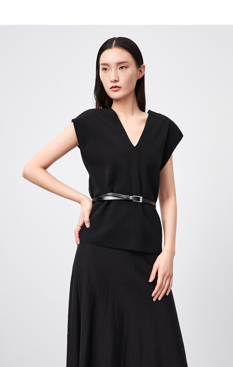 ovv2021春夏前后v领廓形感短袖弹力针织衫gnzbj11013a黑色16xs