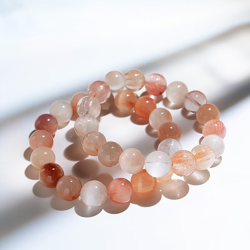 轩野 水晶粉发晶手链 女小众猫眼粉兔毛发水晶橘粉色多宝手串 40#8.