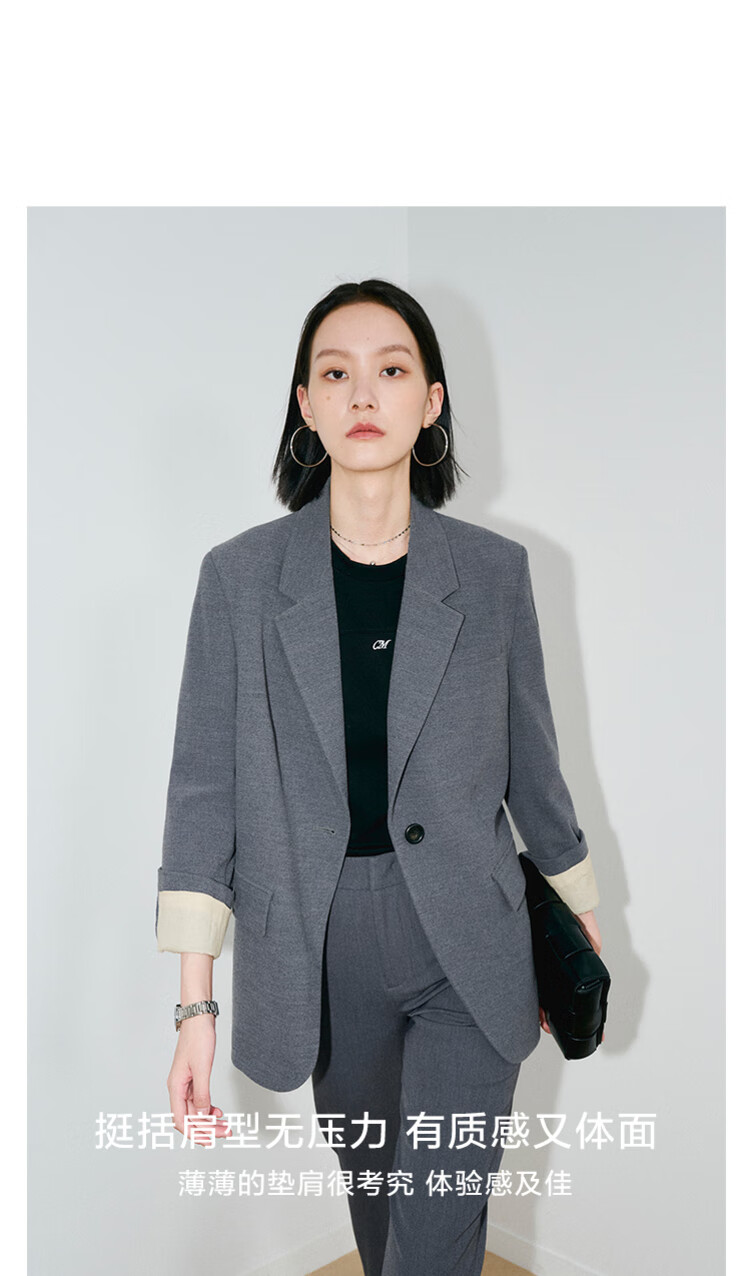初棉高街风磨毛薄垫肩西装外套秋季通勤风一粒扣微收腰西服女麻灰色m