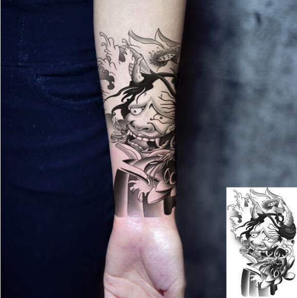 新品般若纹身贴线条刹车印般若纹身贴防水男女图腾手臂黑白复古仿真