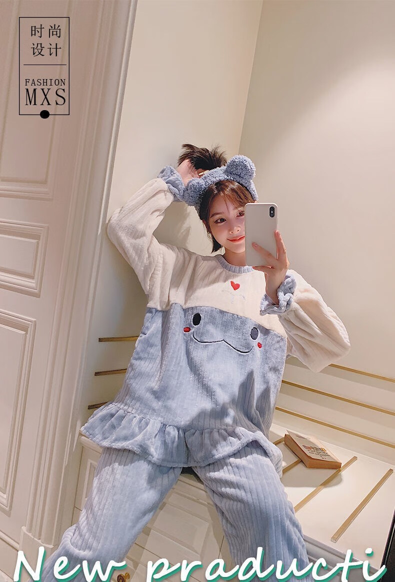 恩瑶睡衣女秋冬季珊瑚绒可爱甜美卡通法兰绒套装学生大码可外穿家居服