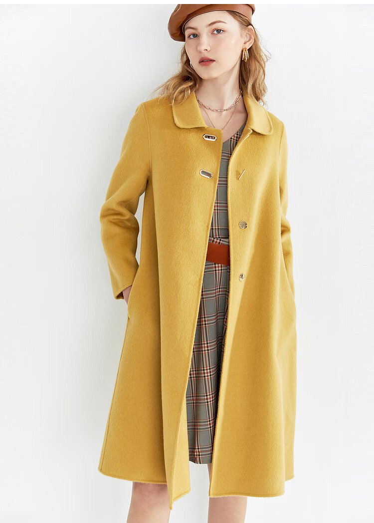 yiner音儿女装2020冬新款翻领中长款羊毛双面呢外套赫本大衣 大红 40