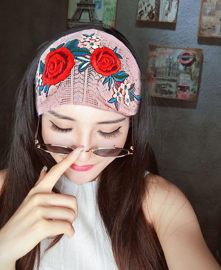 民族风刺绣蕾丝发带妈妈遮白发宽边包头巾发卡发箍复古头带女发饰黑色