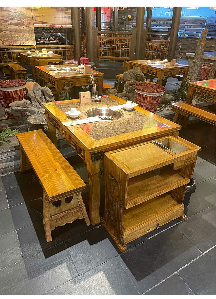火锅桌子商用电磁炉一体复古大理石八仙桌火锅店桌椅餐桌实木定制