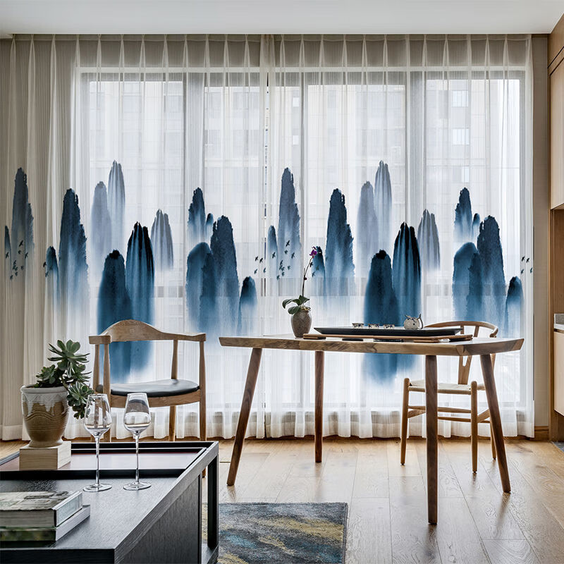现代新中式水墨山水客厅书房卧室名宿窗帘禅意雪纺纱帘窗纱116米对开