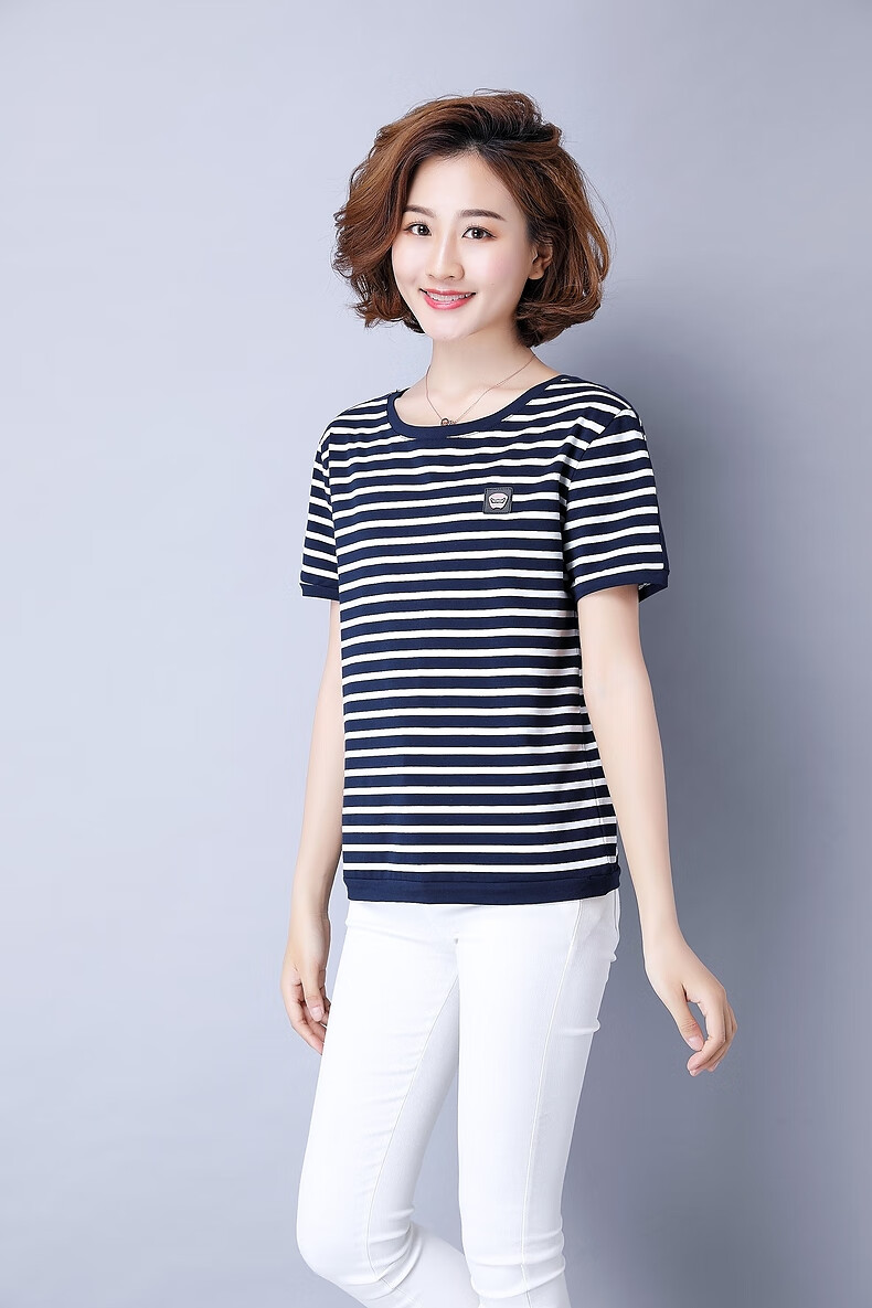 南极人黑白条纹短袖t恤女21年新款夏装中年妈妈宽松半袖衫百搭大码
