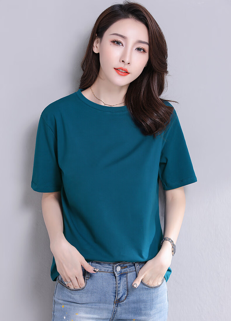 恒源祥孔雀蓝色t恤女短袖宽松纯棉圆领休闲运动丅血中老年大码纯色