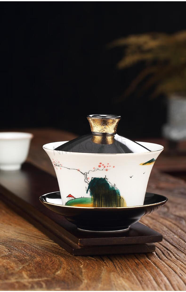 炮台盖碗茶杯 景德镇八宝茶特大号盖碗300ml 单个茶杯三泡台盖碗茶具