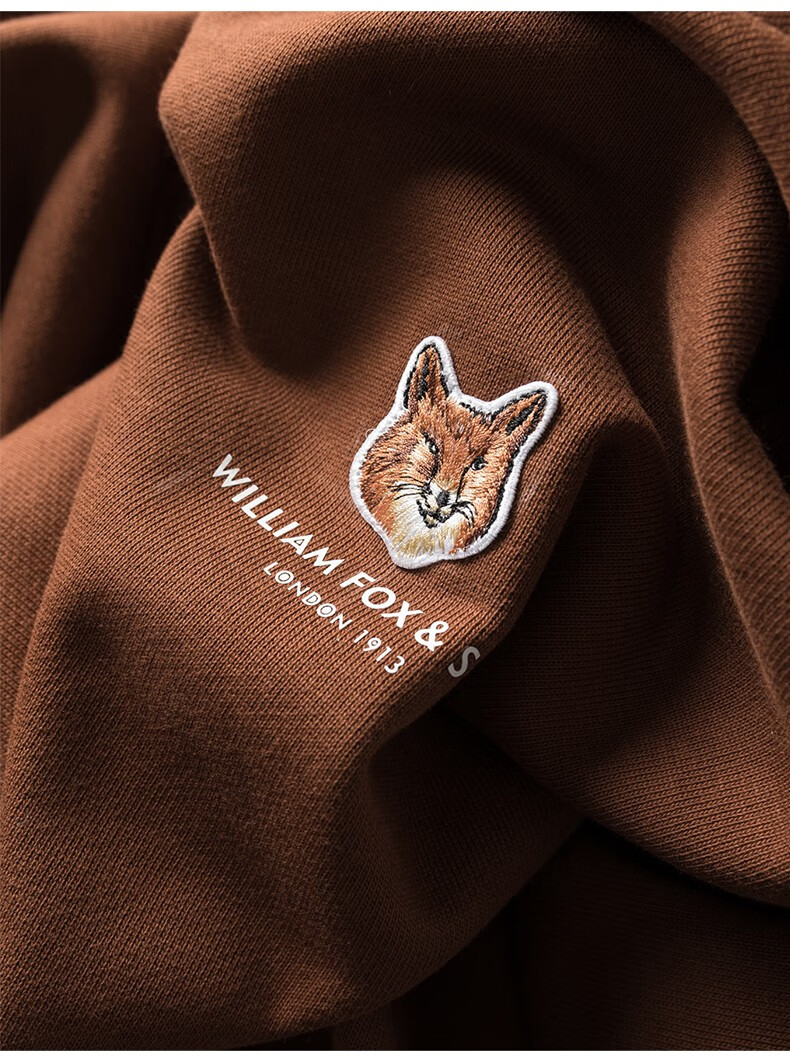 williamfoxsons威廉福克斯男装插袋设计重磅纯棉打底衫小狐狸刺绣男士