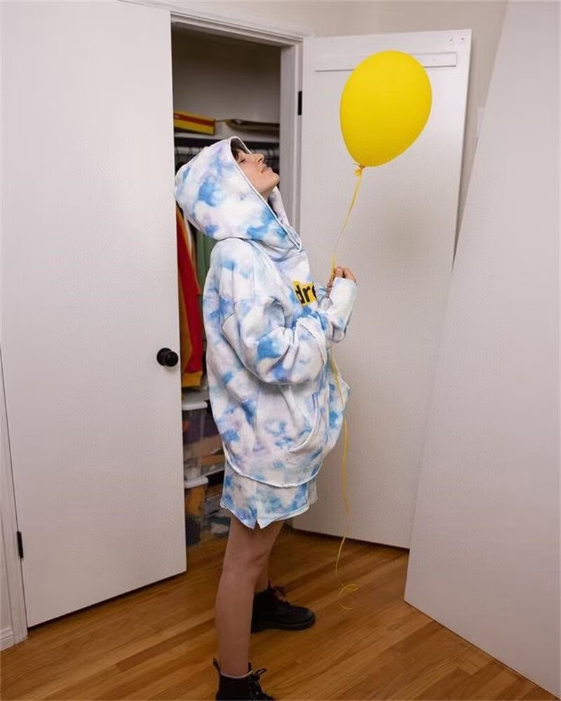 drew笑脸比伯同款蓝天白云扎染连帽卫衣欧美高街宽松男女帽衫嘻哈如图