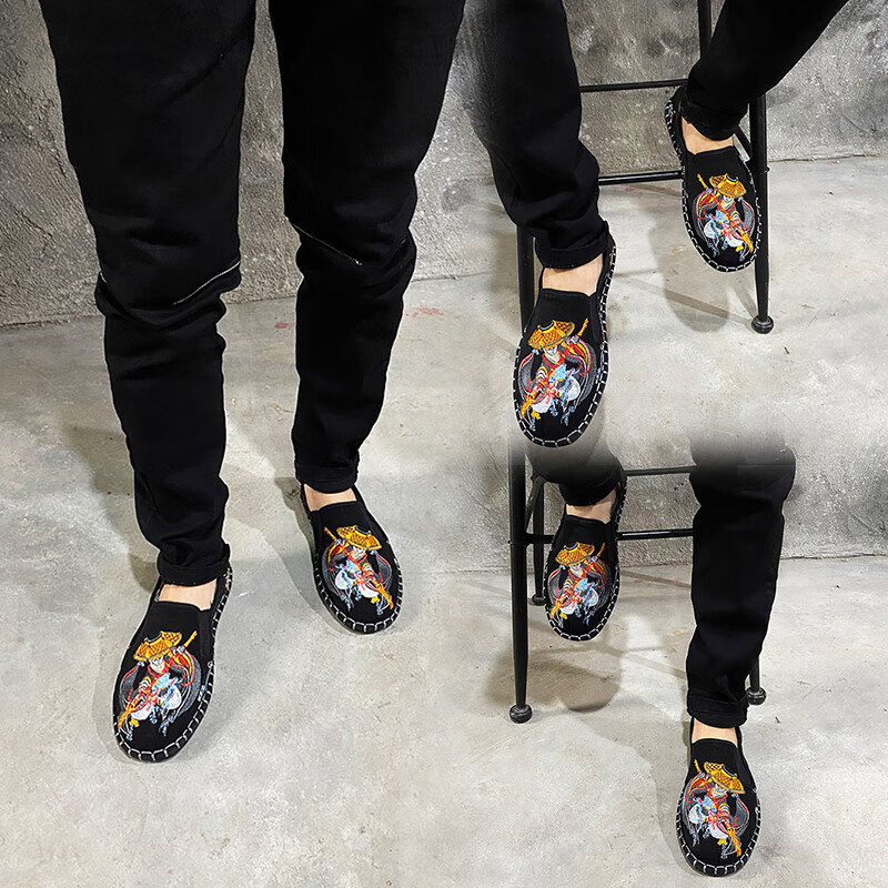 宇将军同款豆豆鞋 社会人手工老北京布鞋男牛筋底刺绣花韩版国风豆豆