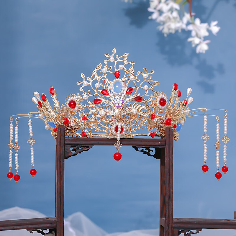 古风发冠【漪凝】汉服婚嫁头饰中式复古凤冠红色古装婚礼头冠配饰