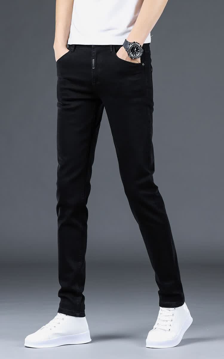 【品牌热卖】海澜以白纯秋冬季款纯黑色加绒牛仔裤男士韩版小脚裤弹力