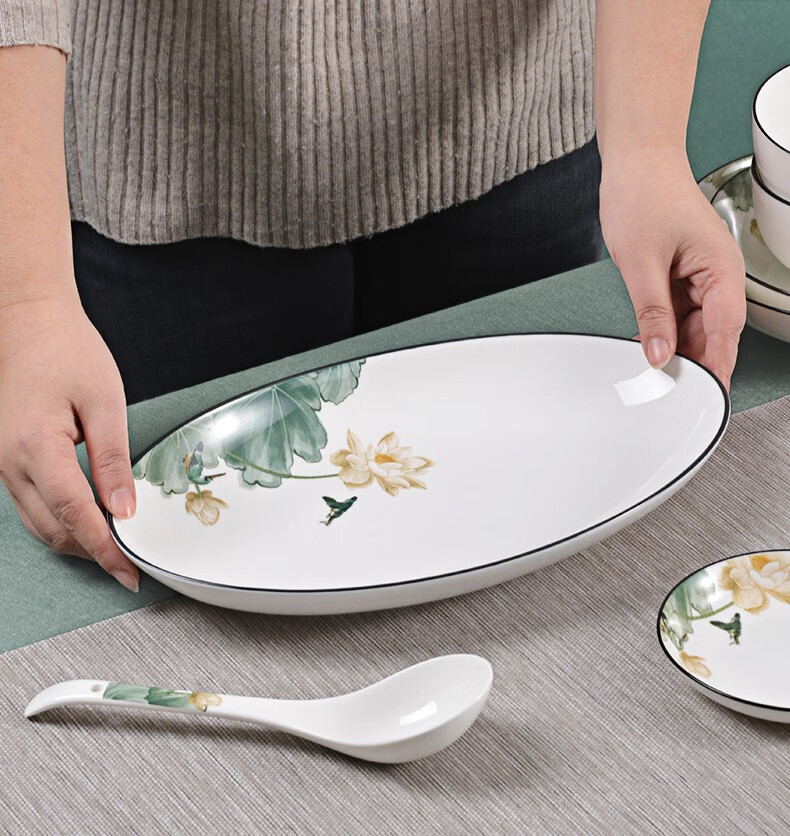 瓷秀源陶瓷餐具碗盘家用创意汤面碗餐盘菜盘中式釉中彩好看的碗碟单个