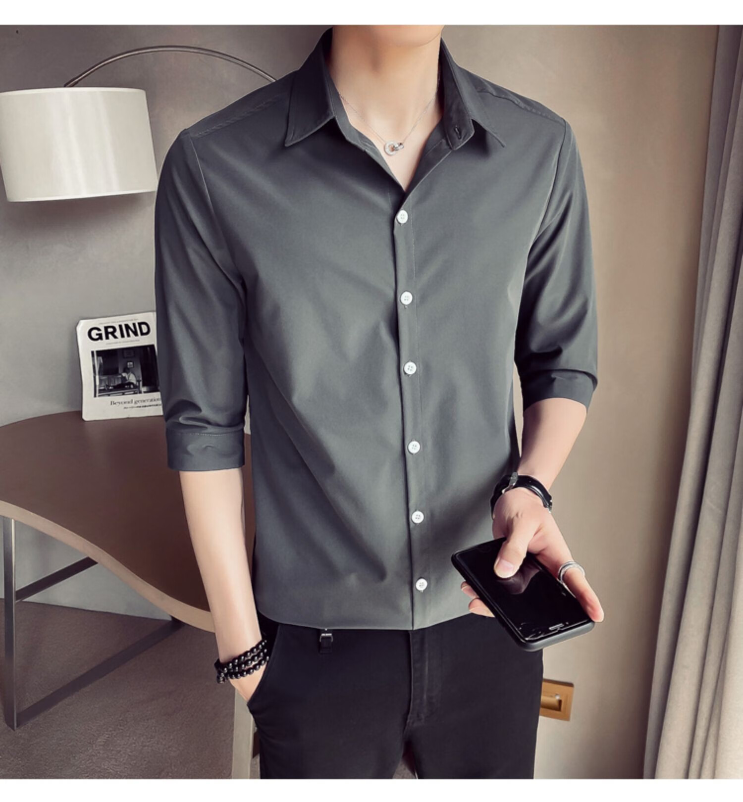 古莱登 衬衫男短袖2021年夏季新款男士修身百搭中袖纯色商务正装韩版