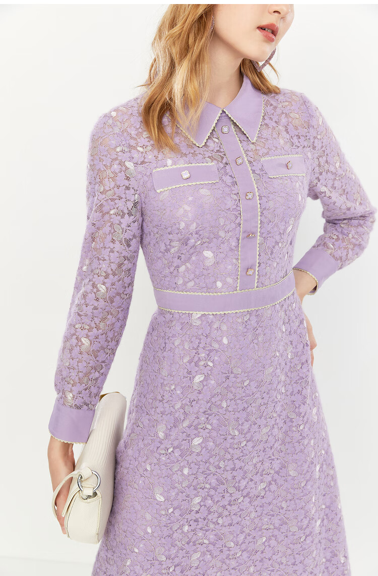 yiner音儿女装2020冬季新款收腰钩花镂空蕾丝连衣裙紫色36