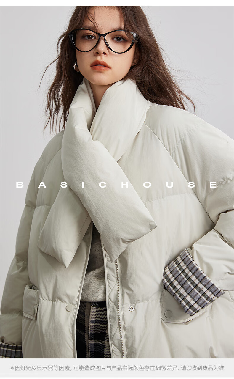 BASIC HOUSE/百家好韩系围围巾蓬松鸭绒外套卡其巾领羽绒服女2024冬季90白鸭绒蓬松外套 卡其绿 S（有围巾）详情图片21