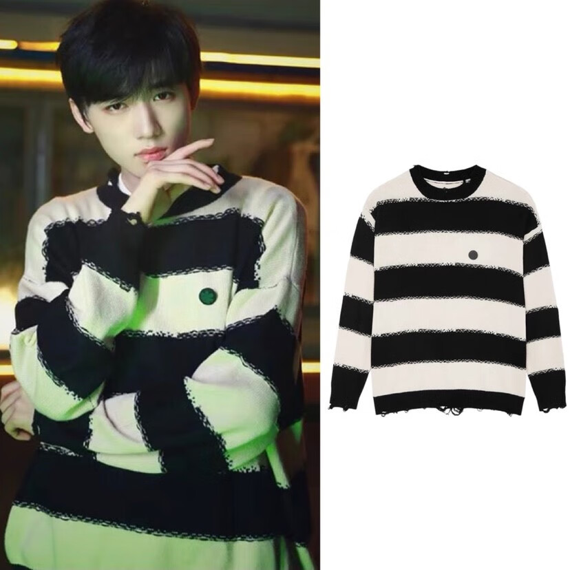 宋亚轩同款毛衣现货高品质宋亚轩同款黑白条纹毛衣圆领宽松套头韩版